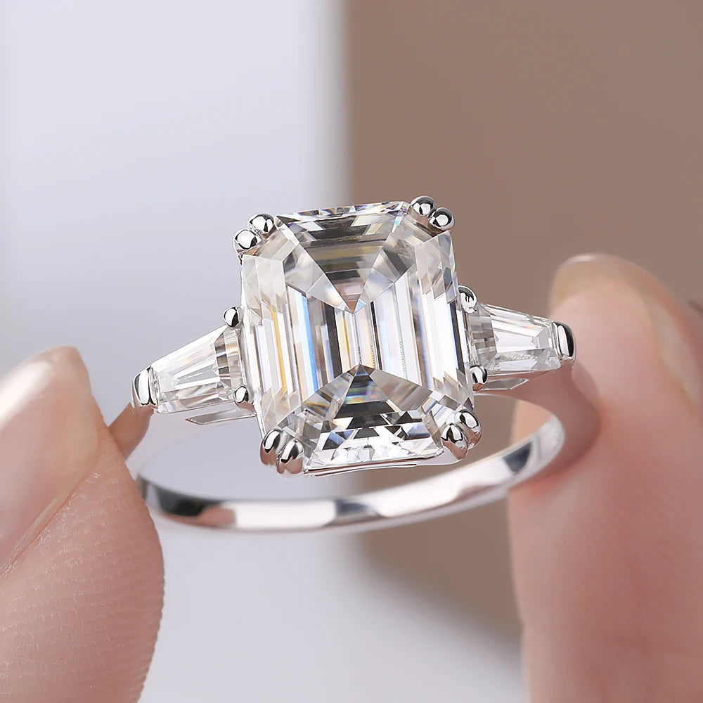 1-4 Carat Emerald Cut Moissanite Rings for Women D VVS1 Three Stone Diamond Engagement Ring Side Baguettes 925 Silver Jewelry