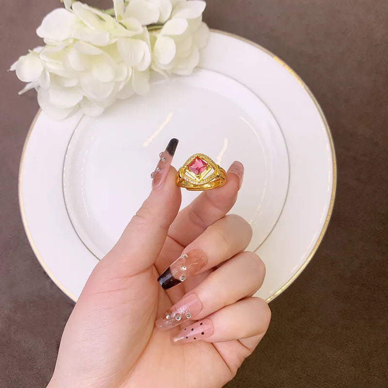 ALuxury 24K 9999 Pure Gold ncient style ring palace style inlaid gemstone hollow diamond ring female